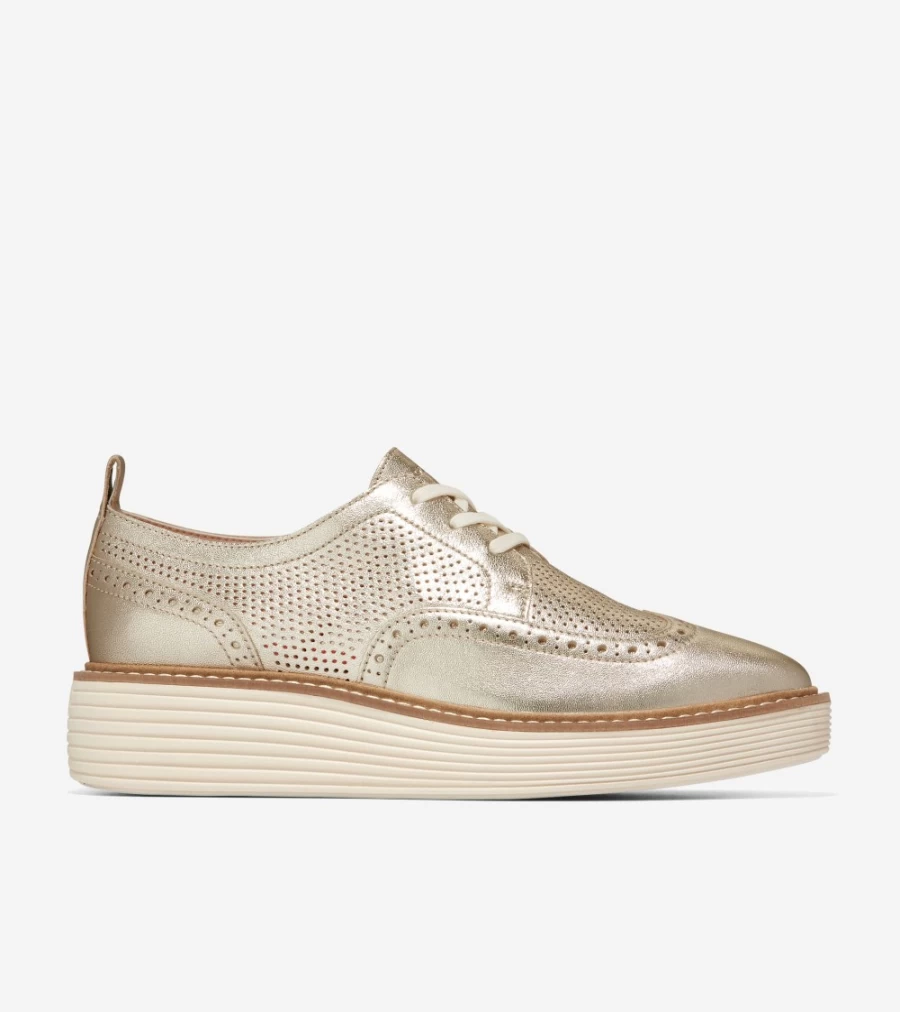 Cole Haan Women's Gold Talca-Ivory Originalgrand Platform Wingtip Oxford Shoes