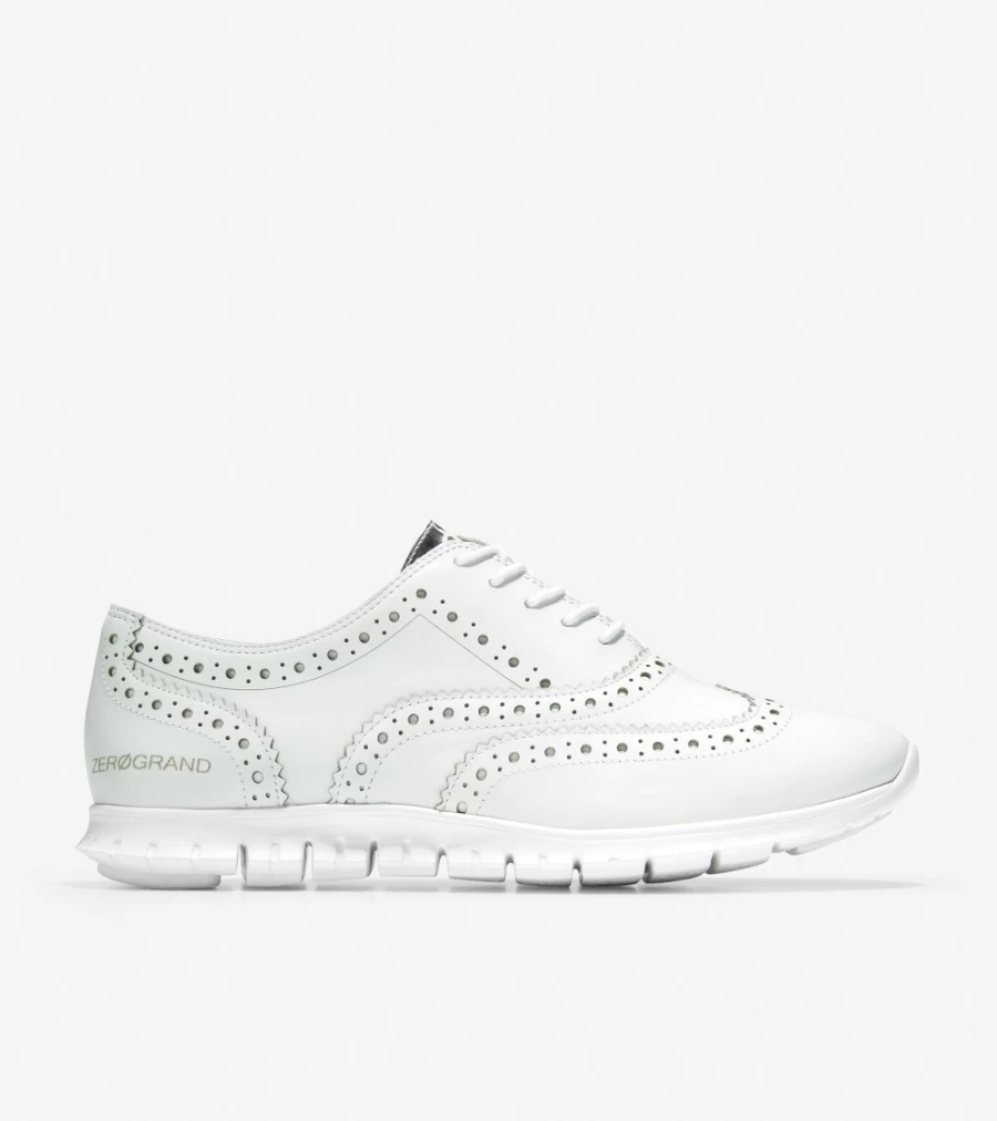 Cole Haan Women's Zerogrand Wingtip Oxford in Optic White & Argento Leather - Lightweight Comfortable Dress Shoes
