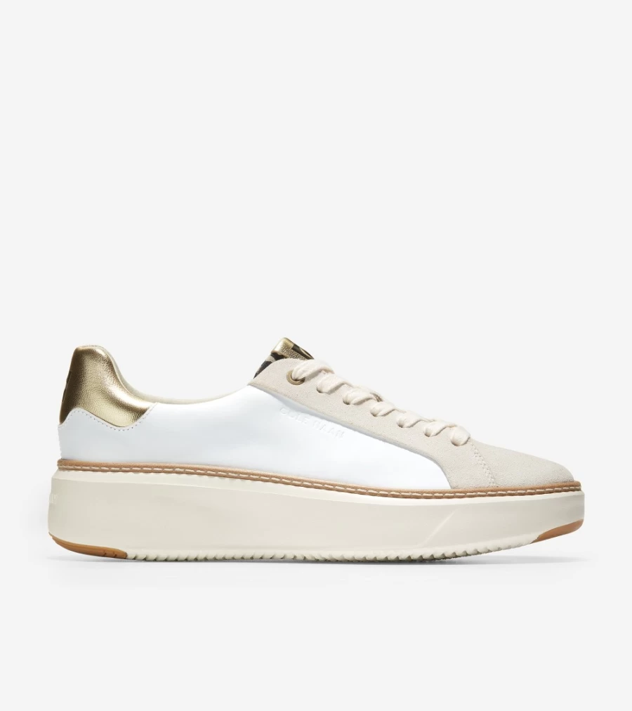 Cole Haan Women's Grandpro Topspin Sneaker in Optic White with Leopard Print - Lightweight Comfort Walking Shoes
